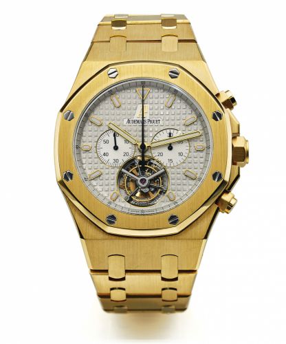 AUDEMARS PIGUET, REF. 25977 TOURBILLON CHRONOGRAPHE YELLOW GOLD.Audemars Piguet, Genève, Royal Oak, Tourbillon Chronograph, movement No. 600520, case No..F65181, Ref. 25977. Sold July 7th, 2006..Very fine and important, large, tonneau-shaped, water-resist