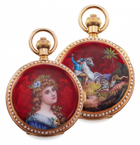 J. ULLMAN & CO. CHINESE MARKET CARILLON GRANDE SONNERIE.MINUTE REPEATING HUNTING CASE YELLOW GOLD & ENAMEL.J. Ullmann & Co., Chaux-de-Fonds, Switzerland, locations in Hong Kong, Shanghai.Tientsin and Wladiwostock, No. 2436. Made circa 1900..Fine, 18K yell