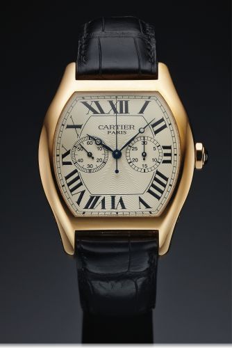 CARTIER REF. 2781 TORTUE SINGLE.BUTTON CHRONOGRAPH PINK GOLD.Cartier, Tortue Monopoussoir, No. 147, Ref. 2781. Made in 2006..Very fine and rare, tonneau-shaped, curved, water-resistant, 18K.pink gold wristwatch with single-button chronograph, register.and