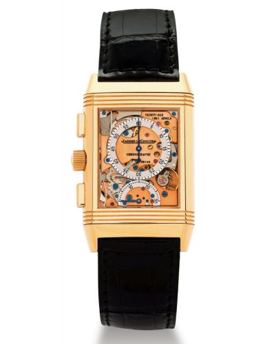 JAEGER-LECOULTRE REF. 270.2.69 PINK GOLD REVERSO.CHRONOGRAPH RETROGRADE.Jaeger-LeCoultre, Reverso Chronograph Retrograde, No. 305/500.Ref. 270.2.69. Made in a limited edition of 500 pieces circa 1996..Very fine and rare, rectangular, double dial, manual w