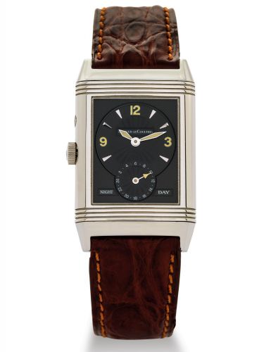JAEGER-LECOULTRE REF. 270.8.54 NIGHT & DAY STEEL.Jaeger-LeCoultre, Reverso, Duoface Night and Day, case No. 1749362.Ref. 270.8.54. Made in the 1990s..Very fine, rectangular and reversible, two time zone, double dialed.stainless steel wristwatch with a sta