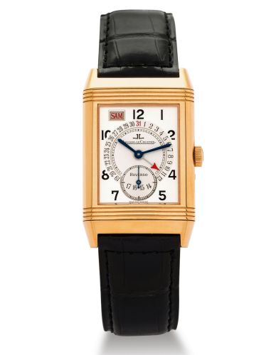 JAEGER-LECOULTRE REF. 270.2.36.REVERSO DAY DATE, PINK GOLD.Jaeger-LeCoultre, Reverso'' Day Date, case No. 1863257, Ref. 270.2.36. Made in the 2000s..Very fine, rectangular, 18K pink gold reversible wristwatch with day and date indications and an 18K pink 