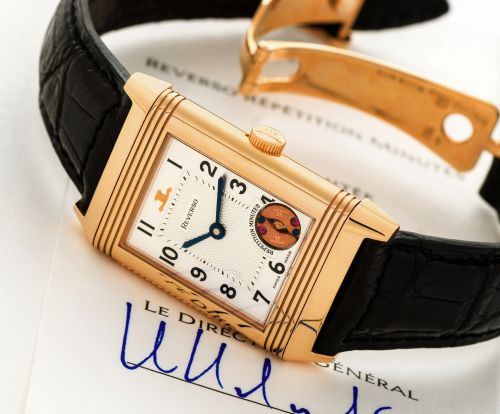 JAEGER-LECOULTRE REF. 270.2.73 MINUTE REPEATING REVERSO.Jaeger-LeCoultre, Reverso Répétition Minutes, No. 059/500, Ref. 270.2.73. Made in a limited.edition of 500 pieces in 1994..Very fine and rare, rectangular, minute repeating, 18K pink gold reversible 