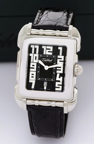 TABBAH SAGA, NO. 112/199, STEEL.Tabbah, Swiss, Saga, No. 112/199. Made in the 2000's..Fine, quartz, water-resistant, stainless steel wristwatch with date.and a stainless steel Tabbah deployant clasp. Accompanied by a.fitted box..Dial, case and movement si