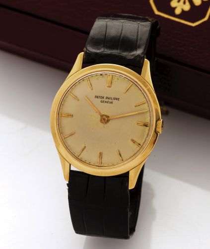 PATEK PHILIPPE.Patek Philippe & Cie, Genève, No. 1141066.case No. 2653505, Ref. 2588. Produced circa 1960..Very fine and elegant, thin, 18K yellow gold wristwatch with an 18k yellow gold Patek Philippe buckle. Accompanied.by a Patek Philippe fitted box..D