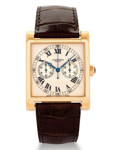 CARTIER, LE MONOPOUSSOIR PINK GOLD.Cartier, Paris, Collection Privée Cartier, Le Monopoussoir, No. 31/100.Ref. 2846. Made in a limited series of 100 examples in the 2000s..Very fine, square, water-resistant, 18K pink gold wristwatch, single-button.chronog