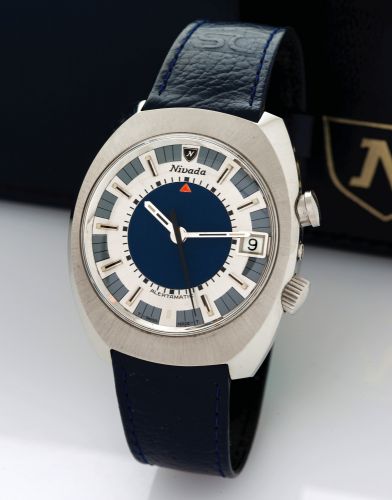 NIVADA ALERTAMATIC STEEL ALARM WATCH.Nivada, Swiss, Alertamatic, movement No. 3082353.case No. 87025, Ref. 9751. Made in the 1970s..Fine, tonneau-shaped, water-resistant, self-winding, stainless.steel center-seconds wristwatch with date, alarm and a Nivad