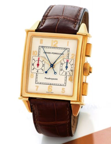 GIRARD PERREGAUX VINTAGE FOUDROYANTE YELLOW GOLD.Girard-Perregaux, Vintage Chronograph à Rattrapante Foudroyante, Automatic.No. OJ N.44, Ref. 9021. Made circa 2000..Very fine and rare, rectangular curved, self-winding, water-resistant, 18K.yellow gold wri