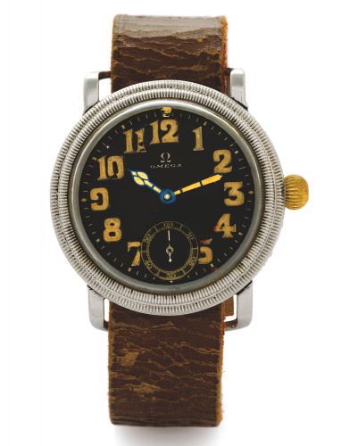 OMEGA AVIATOR'S WATCH.Omega, No. 7689466, case No. 8227666, Ref. CK 700 AD. Sold on.April 7th, 1934 to the German market..Fine and very rare, round, Staybrite aviator's dustproof wristwatch with elapsed time indicator. Accompanied by the Extract from the.