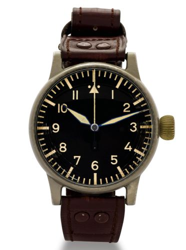 A.LANGE & SÖHNE REF. 127-560A-1.B-UHR WORLD WAR II GERMAN AIR FORCE.NAVIGATOR'S WATCH.Lange & Söhne, movement No. 211480, Ref. 127-560A-1..Made in 1942..Very fine and very rare, oversized, anti- corrosion matte.nickel military pilot's wristwatch with indi