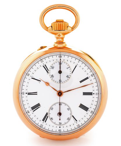 POITEVIN YELLOW GOLD CHRONOGRAPH.B. Poitevin, No. 36926, retailed by Vever, 19, Rue de la.Paix, Paris. Made circa 1890..Fine, 18K yellow gold, keyless pocket watch with.chronograph and 30-minute register..Punched with Poitevin's mark on the dial plate, cu