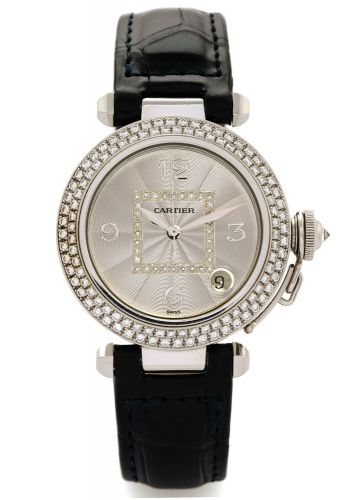 CARTIER PASHA WHITE GOLD.DIAMONDS.Cartier, Pasha, case No. MG283731, Ref. 2308. Made in the 1990s..Very fine, center-seconds, self-winding, water-resistant, diamond-.set 18K white gold wristwatch with date and an 18K white.gold Cartier buckle..Dial, case 