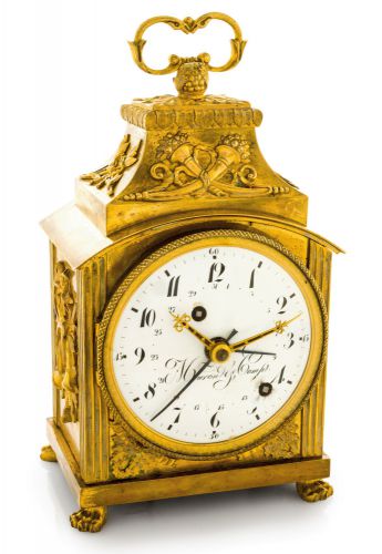 MEURON GRANDE & PETITE SONNERIE PENDULE D'OFFICIER.Meuron & Comp., (Neuchatel), movement No. 1976. Made circa 1800..Fine and rare, gilt-bronze Grande and Petite sonnerie striking Pendule.d'Officier with pull-wind alarm and calendar.