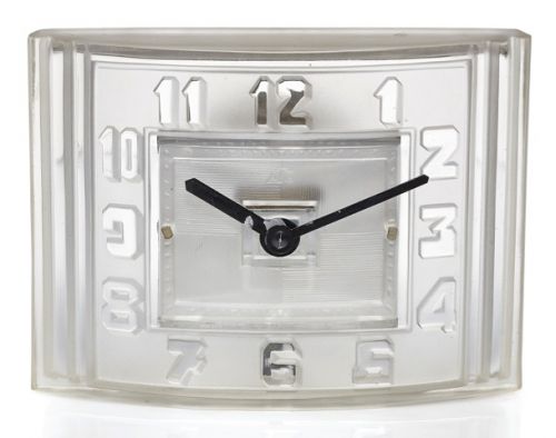 LÉON HATOT(ATO).CURVED GLASS ART DECO CLOCK.Léon Hatot, (ATO), No. 75356. Made circa 1935..Fine, Art Deco, pressed glass, battery-powered.electromagnetic mantel clock.