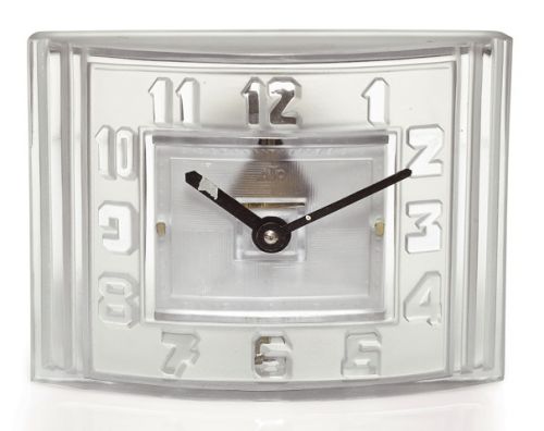 LÉON HATOT(ATO).CURVED GLASS ART DECO CLOCK.Léon Hatot, (ATO), No. 71755. Made circa 1935..Fine, Art Deco, pressed glass, battery-powered.electromagnetic mantel clock.