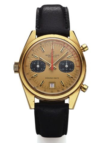 BREITLING REF. 2116 CHRONO-MATIC YELLOW GOLD.Breitling, Genève, Chrono-Matic, case No. 1288962, Ref. 2116..Made in the 1970s..Fine and rare, cushion-shaped, selfwinding, 18K yellow gold.wristwatch with left-handed crown, round-button chronograph.registers