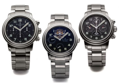 SET OF 3 BLANCPAIN 2100 STEEL.BLANCPAIN. Originally sold as a set of 4 pieces with limited edition of 8 set in late 1990. This lot is missing 1 piece..A: Fly-Back Chronograph, No. 6/8..Very fine and rare, self-winding, waterresistant.stainless steel wrist
