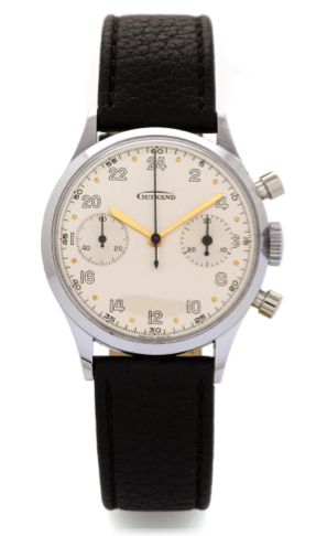 LOT WITHDRAWN.GUINAND 24-HOUR CHRONOGRAPH STEEL.Guinand/Gallet, Chronograph. Made in the 1960's..Fine, water-resistant, stainless steel, wristwatch with.24-hour dial, round button chronograph and register.