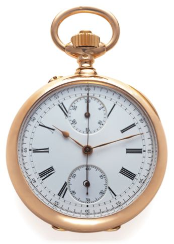 POITEVIN CHRONOGRAPH PINK GOLD.B. Poitevin, No. 36926, retailed by Vever, 19, Rue de la Paix.Paris. Made circa 1890..Fine, 18K pink gold, keyless pocket watch with chronograph.and 30-minute register.