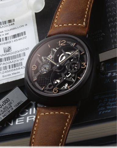 PANERAI REF. PAM 348 LO SCIENZIATO.RADIOMIR TOURBILLON GMT CERAMICA.Officine Panerai, Firenze 1860, No. M 23 / 30, case No. BB 1454822. Made in a.unique edition of 30 units in 2010..Very fine and extremely rare, large, cushion-shaped, two time zone, water