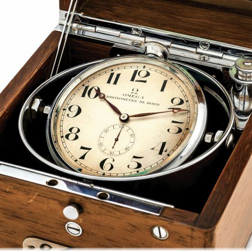 OMEGA CHRONOMETRE DE BORD.Omega, Bienne, Chronomètre de Bord, movement No..4000128, case No. 5896516, Ref. BA 121 JS. Completed.February 6th, 1920 and delivered to Belgium..Very fine and very rare, chromed brass and mahogany.keyless, eight day-going Marin