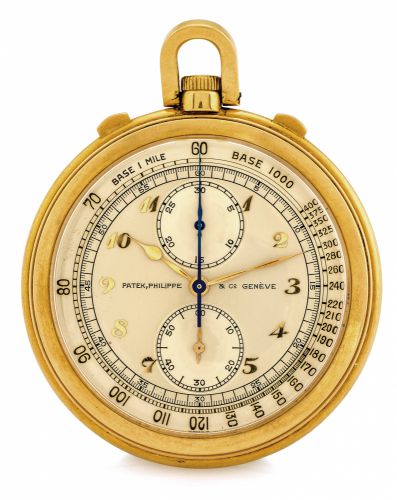 PATEK PHILIPPE REF. 685 CHRONOGRAPH.POCKET WATCH BREGUET NUMERALS.Patek Philippe & Cie., Genève, Ref. 685, No. 862506, case No. 622293. Made in.1940, sold in April 1941..Extremely fine and rare, 18K yellow gold keyless pocket watch with chronograph.and 30