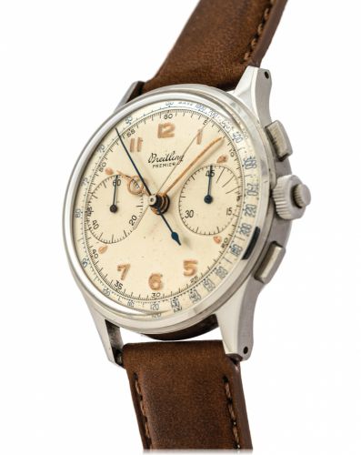 BREITLING REF. 762 PREMIER DUOGRAPH.SPLIT-SECONDS STAINLESS STEEL.Breitling Genève, Premier, Split-Seconds Chronograph, case No..510897, Ref. 762. Made in the 1950s..Fine, stainless steel gentleman's wristwatch with square button.split-seconds chronograph