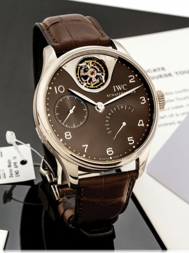 IWC PORTUGUESE TOURBILLON MYSTERE WHITE GOLD.International Watch Co., Schaffhausen, Portuguese Tourbillon Mystère, No. 161/250, case No. 3208911.Ref. 5042. Made in a limited edition of 250 pieces in 2005..Very fine and rare, large, self-winding, water-res