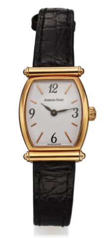 AUDEMARS PIGUET LADY'S PINK GOLD.Audemars Piguet, Genève, Carnegie, case No. D 77725..Made in the 1990s..Fine, tonneau-shaped, 18K pink gold lady's quartz.wristwatch with an 18K pink gold Audemars Piguet.buckle..Dial, case and movement signed.