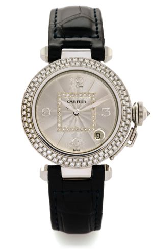 CARTIER PASHA.DIAMONDS & WHITE GOLD.Cartier, Pasha, case No. MG283731, Ref. 2308. Made in the 1990s..Very fine, center-seconds, self-winding, water-resistant.diamond-set 18K white gold wristwatch with date and an 18K.white gold Cartier buckle.