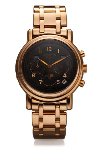 EKEGREN TRIPLE DATE MOON PINK GOLD.Ekegren, Genève, case No. 498. Made in the 1990's..Fine, astronomic, self-winding, water-resistant, 18k.pink gold wristwatch with round button chronograph.registers, tachometer, triple date, moon phases and an.18K pink g