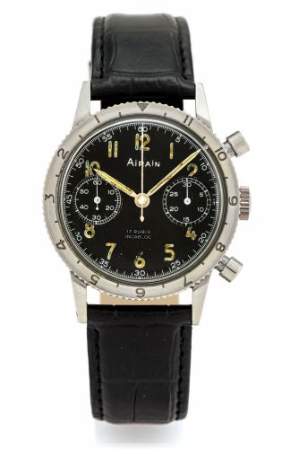 AIRAIN TYPE XX CHRONOGRAPH.Airain, 'Type 20', case No. 249257, made for French.military helicopter pilots, circa 1955..Fine water-resistant stainless steel wristwatch with.retour en vol round button chronograph and register..Signed on the dial, numbered o