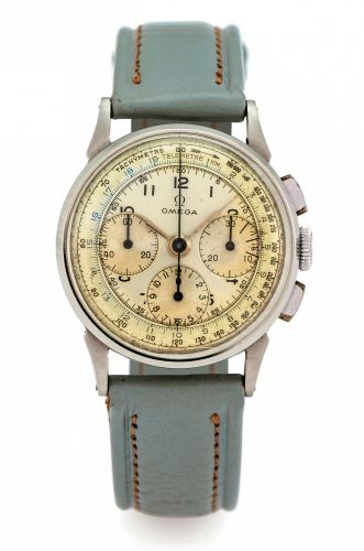 OMEGA CHRONOGRAPH STAIN LESS STEEL.Omega, No. 10828765, Ref. 2277-2. Made in the late 1950s..Fine, stainless steel wristwatch with square button.chronograph, registers, tachometer and telemeter..Dial, case and movement signed.