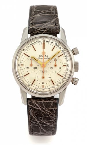 OMEGA REF. 14364-61 SEAMASTER.CHRONOGRAPH STEEL.Omega, Seamaster, No. 17302902, Ref. 14364-61..Made circa 1960..Fine and rare, water-resistant, stainless steel wristwatch with round button chronograph, registers and.tachometer and a stainless steel Omega 