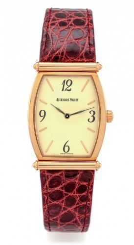 AUDEMARS PIGUET CARNEGIE PINK GOLD.Audemars Piguet, Genève, Carnegie, case No. D 69361, Ref. 14941..Made in the 1990s..Very fine, tonneau-shaped, 18K pink gold wristwatch with an 18k.pink gold Audemars Piguet buckle..Dial, case and movement signed.