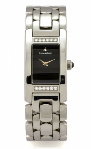AUDEMARS PIGUET PROMESSE LADY'S.STEEL AND.DIAMONDS.Audemars Piguet, Promesse, case No. E 41361, Ref. 67259..Made in the 2000s..Fine and elegant, rectangular curved, water-resistant, stainless.steel and diamonds lady's quartz wristwatch with a stainless.st