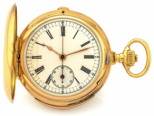 MONS B. POITEVIN & V. LEJEUNE.MINUTE REPEATING & CHRONOGRAPH.Mons B. Poitevin & V. Lejeune, L. Gironde Succr..22 Rue Vivienne, Paris, No. 59575. Made circa 1890..Very fine, 18K yellow gold, minute-repeating, hunting cased.keyless pocket watch with chronog