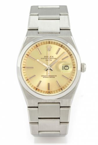 ROLEX REF. 1530 DATE STEEL.Rolex, Oyster Perpetual Date Superlative Chronometer, Officially.Certified, case No. 4058205, Ref. 1530. Made circa 1975..Fine and rare, tonneau-shaped, center seconds, self-winding, water.resistant, stainless steel wristwatch w