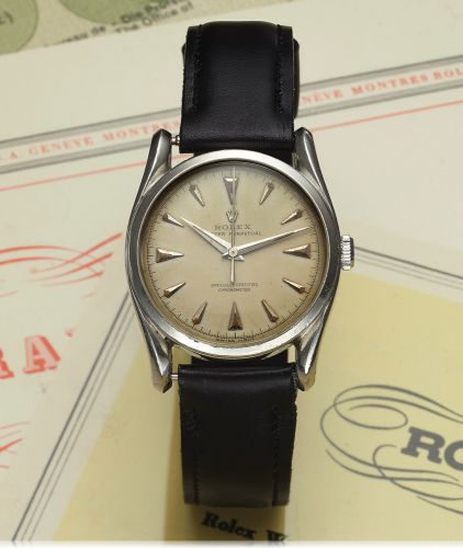 ROLEX REF. 5018 BOMBAY STEEL.Rolex, Oyster Perpetual, Officially Certified.Chronometer, case No. 641743, Ref. 5018. Made in 1948..Very fine and rare, center seconds, self-winding, waterresistant.stainless steel wristwatch. Accompanied.by a Guarantee (now 