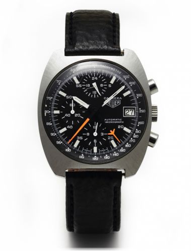 HEUER CARRERA STEEL.Heuer, Carrera - Chronograph Automatic, case No..510523, Ref. 11001. Made circa 1980..Fine, tonneau-shaped, self-winding, water-resistant.stainless steel wristwatch with round button.chronograph, registers, tachometer and date..Dial, c