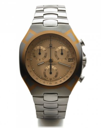 OMEGA REF. 386.1031 SEAMASTER STEEL AND GOLD.Omega Seamaster, case No. 53505559, Ref. 386.1031..Made in the 1990's..Fine and rare, water-resistant, stainless steel and 18K yellow.quartz wristwatch with round button chronograph, 12-hour and.60-minute regis