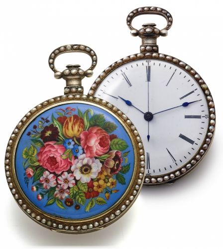 VAUCHER FLEURIER PEARL & ENAMEL WATCH SILVER.Vaucher, Fleurier, case No. 5464. Made for the Chinese market, circa 1860..Very fine, and very rare, silver painted on enamel and pearl-set center-seconds.pocket watch with Chinese duplex escapement. Accompanie