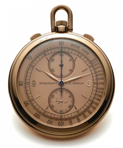 PATEK PHILIPPE REF. 685 CHRONOGRAPH POCKET WATCH.Patek Philippe & Cie., Genève, Ref. 685, No. 862704, case No. 624655. Made in.1941, sold in April 1942..Extremely fine and rare, 18K rose gold keyless pocket watch with chronograph.and 30-minute register. A