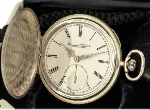 IWC POCKET WATCH NEW OLD STOCK SILVER.IWC (International Watch Co.), Schaffhausen, movement.No. 2306800, case No. 2281518, Ref. 5405. Made circa.1985..Very fine, new old stock, silver keyless pocket watch..Accompanied by the original fitted box, leather p