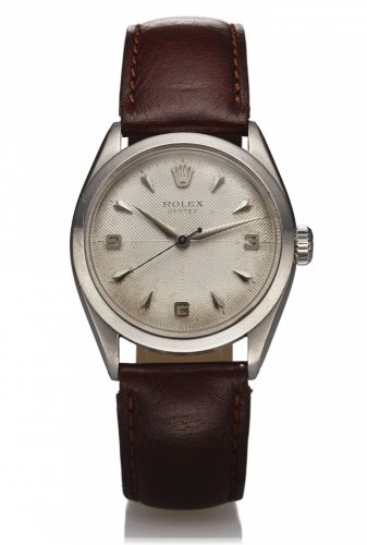 ROLEX REF. 6480 TEXTURED DIAL STEEL.Rolex, Oyster, case No. 134087, Ref. 6480. Made in 1956..Fine and rare, center seconds, water-resistant, stainless.steel wristwatch..Dial, case and movement signed.