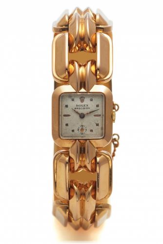 ROLEX PRECISION REF. 4495 PINK GOLD.Rolex, precision, Ref. 4495, made circa 1940's..Fine, square 18K pink gold lady's wristwatch with an.18K pink gold Rolex linked bracelet.