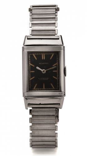 JAEGER LECOULTRE REVERSO REF. 2201.RETAILED BY L.GUBELIN STEEL.Jaeger LeCoultre, Reverso, No. 225598 case No. 14284.retailed by L. GUBELIN. Made in the 1920's..Fine and rare, rectangular, Art Deco, stainless steel reversible.wristwatch with bamboo-style s
