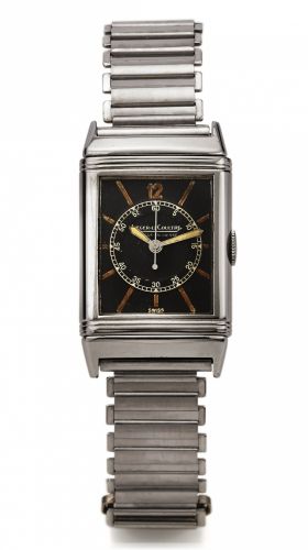 JAEGER LECOULTRE REF. 2201 REVERSO STEEL.Jaeger LeCoultre, Reverso, No. 116647, case No. 61441..Made in the 1930's..Fine and rare, rectangular, Art Deco, center seconds.stainless steel reversible wristwatch with bamboo-style.stainless steel bracelet.