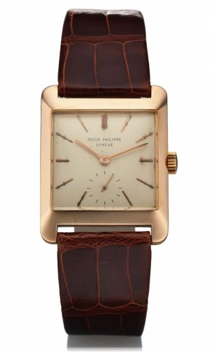 PATEK PHILIPPE REF. 2488 PINK GOLD.Patek Philippe & Co., Genève, No. 959304, case No. 674651.Ref. 2488. Made circa 1957..Very fine and rare, square, 18K pink gold wristwatch with a.14K pink gold buckle.