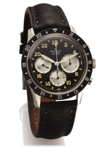 BREITLING REF. 1765 24-HOUR UNITIME.CHRONOGRAPH STEEL.Breitling Genève, 24-Hour Unitime, Ref. 1765.Made in the 1970's..Fine, antimagnetic, water-resistant, stainless steel wristwatch with 24-hour dial, round button chronograph, registers and a.stainless s